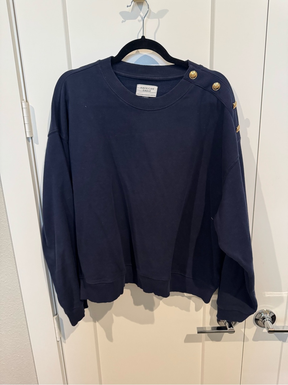 American Eagle Navy Pullover Sweatshirt with Button Accent
